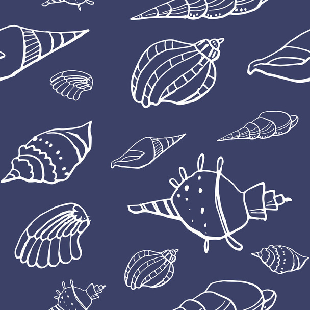 Gyűjtemény a tengeri kagyló tintával Doodles fehér háttérben. Folytonos mintázat. Végtelen textúra. Nyomtatott anyagokhoz használható. Víz alatti háttér. Kézzel rajzolt design elemek. Ünnepi Print. Háttérkép. - Vektor, kép