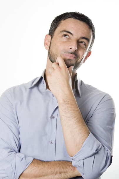 Fiatal férfi szakáll gondolkodás elszigetelt fehér - Fotó, kép