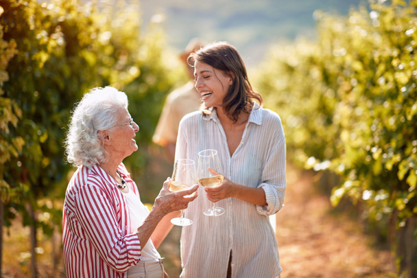 Winegrower family in vineyard tasting wine - Foto, Imagen
