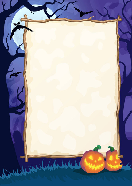 Halloween nacht frame met maan en Jack O ' lantaarns. Vector poster illustratie. - Vector, afbeelding