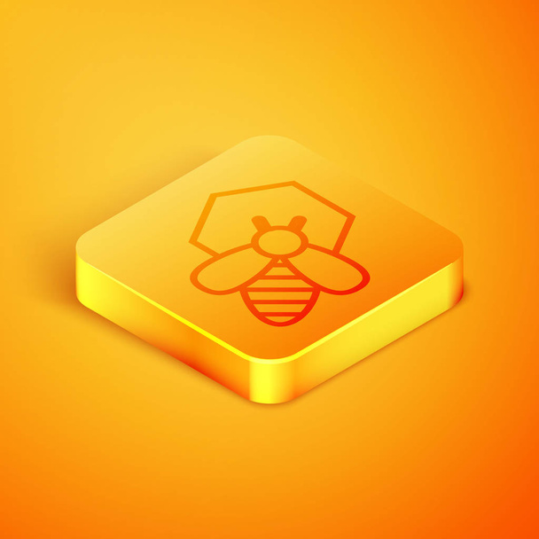 Isometric line Bee and honeycomb icon isolated on orange background. Honey cells. Honeybee or apis with wings symbol. Flying insect. Sweet natural food. Orange square button. Vector Illustration - Vector, Image