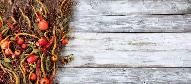 Décorations de Thanksgiving formant bordure latérale gauche sur rusti blanc
 - Photo, image