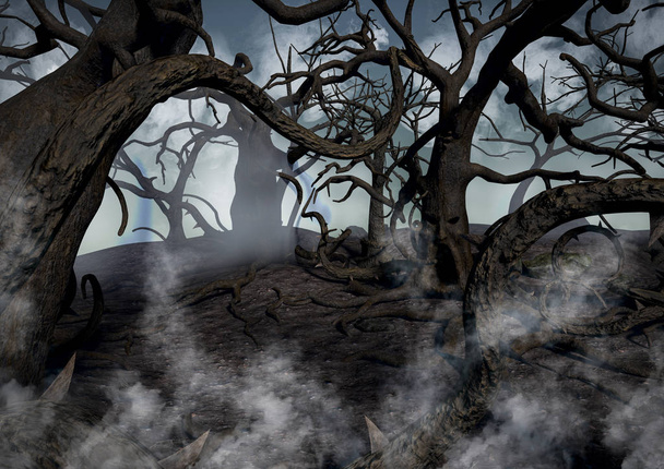 Sötét fantasy erdő, hátborzongató fákkal és sírokkal körülvéve, köd. - Fotó, kép