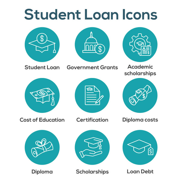 Σύνολο εικονιδίων φοιτητικών δανείων με ακαδημαϊκές υποτροφίες και εικόνες χρέους - Διάνυσμα, εικόνα
