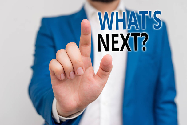 Word writing text What S Next Question. Business concept for asking demonstrating about his coming actions or behaviors Businessman in blue suite and white shirt pointing with finger in empty space. - Photo, image