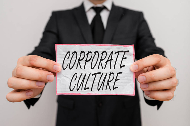Text sign showing Corporate Culture. Conceptual photo pervasive values and attitudes that characterize a company. - Photo, Image