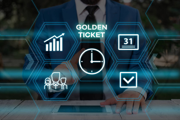 Handwriting text writing Golden Ticket. Concept meaning Rain Check Access VIP Passport Box Office Seat Event Male human wear formal work suit presenting presentation using smart device. - Photo, Image