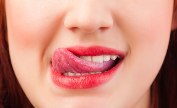 Beautiful woman red lips close up - Φωτογραφία, εικόνα