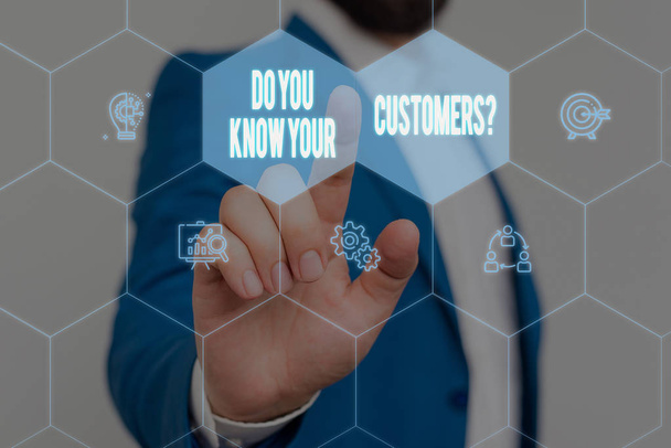 Text sign showing Do You Know Your Customers question. Conceptual photo asking to identify a customer s is nature Male human wear formal work suit presenting presentation using smart device. - Photo, Image