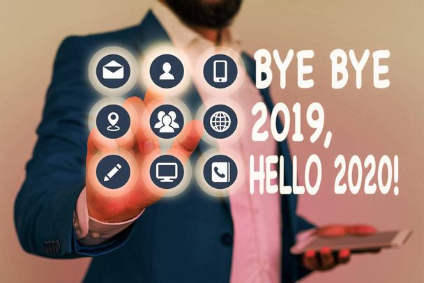 Írásban tudomásul bemutató bye bye 2019 Hello 2020. Üzleti fotó bemutató búcsúzik a tavalyi év, és üdvözölve egy jó egy. - Fotó, kép