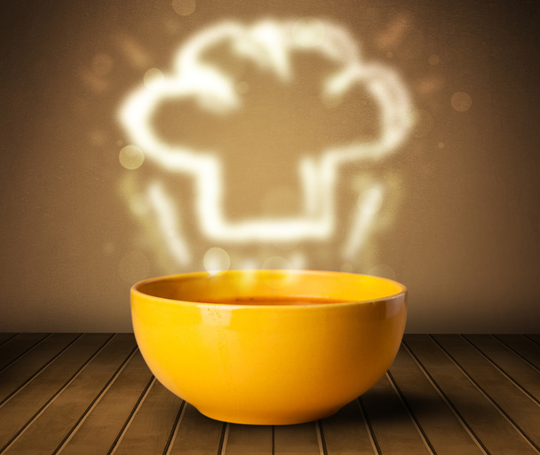 Bowl of soup with chef cook hat steam illustration - Foto, immagini