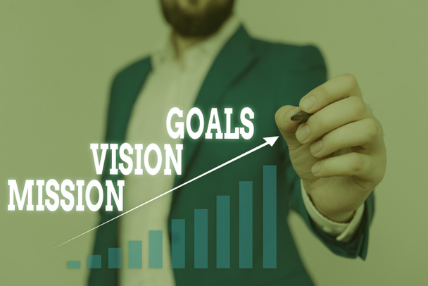 Text sign showing Goals Vision Mission. Conceptual photo practical planning process used to help community group Male human wear formal work suit presenting presentation using smart device. - Photo, Image
