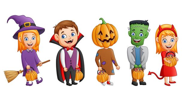 Set of halloween cartoon costumes children holding pumpkin. vector illustration - Vector, Image