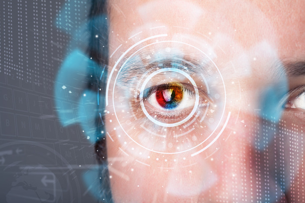 Futuristic modern cyber man with technology screen eye panel - Foto, imagen