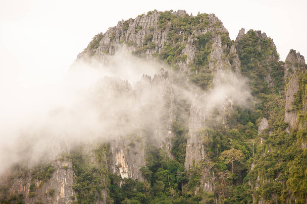 Limestone mountain in the morning mist. - Foto, afbeelding