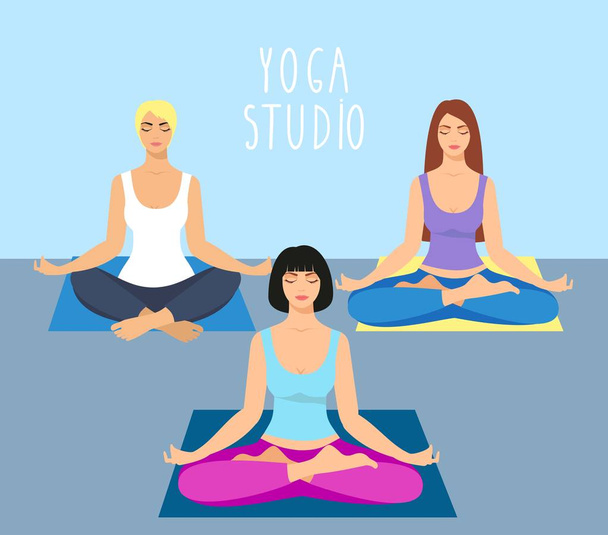 a group of girls doing yoga in the studio. women in lotus position. Meditating girl illustration. Yoga woman, meditation, anti-stress people. - Wektor, obraz