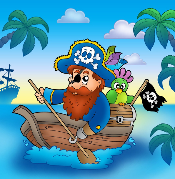Cartoon pirate paddling in boat - Zdjęcie, obraz