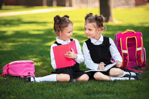 Two little school girls with pink backpack sitting on grass after lessons and read book or study lessons, thinking ideas, education and learning concept - Фото, зображення