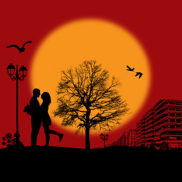 都市の景観にロマンチックなカップルのシルエット - ベクター画像