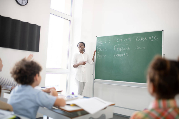 Teacher standing near blackboard and talking to pupils - Zdjęcie, obraz