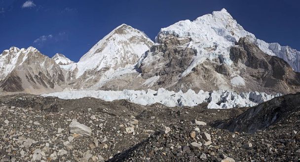 View of the mountains on the ridge and glacier from the Everest Base Camp in Nepal - Photo, Image