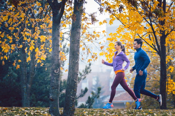 Woman and man jogging or running in park during autumn - Photo, Image