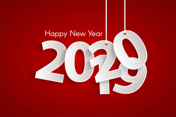 Kırmızı Mutlu Yeni Yıl 2020 kavramı kağıt halatlar üzerinde beyaz numaraları kesilmiş. Yılı 2019'dan 2020'ye değiştirin. Origami tarzı sayılar. Noel ve Çin Yeni Yılı dekoru. Vektör çizimi - Vektör, Görsel