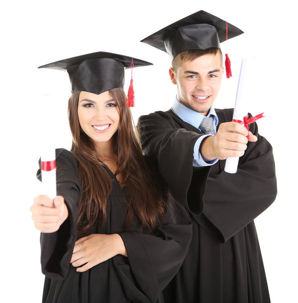 Two happy graduating students isolated on white - Foto, immagini