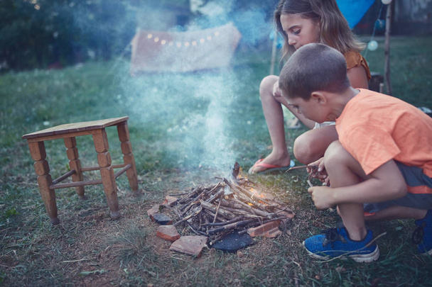 Kids making campfire at evening time. - Photo, Image