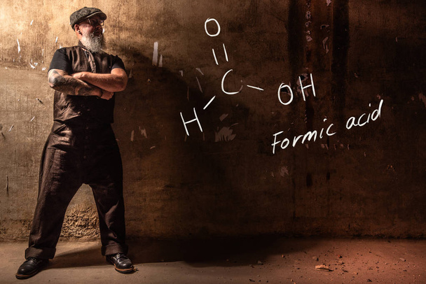 Homem velho barbudo apresentando fórmula química desenhada à mão de ácido fórmico
 - Foto, Imagem