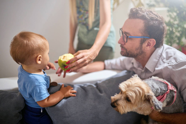 A szülők egészséges zöld almával etetik gyermeküket.. - Fotó, kép