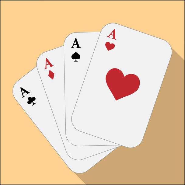 Four aces on an orange background. Vector illustration. Close-up. Gambling entertainment, poker, casino. - Vector, Image
