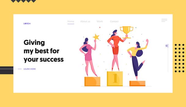Офісні працівники перемоги, зростання бізнесу веб-сайт цільову сторінку. Happy бізнес жінок-колег, що позують на переможців п'єдесталу з чашкою трофей і золоту зірку банер веб-сторінки. Мультфільм плоский Векторна ілюстрація - Вектор, зображення
