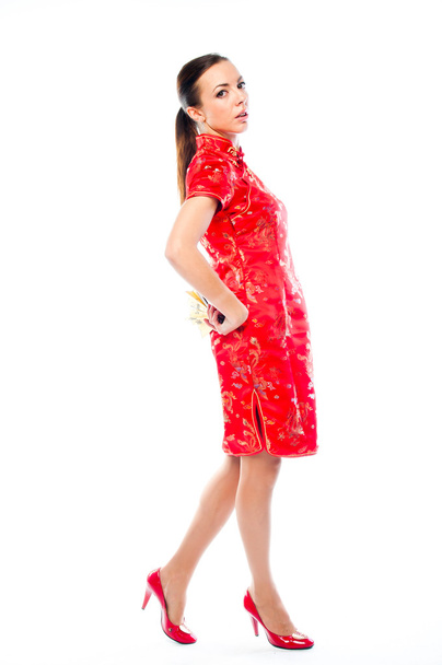 Woman in a red Chinese dress - Fotoğraf, Görsel