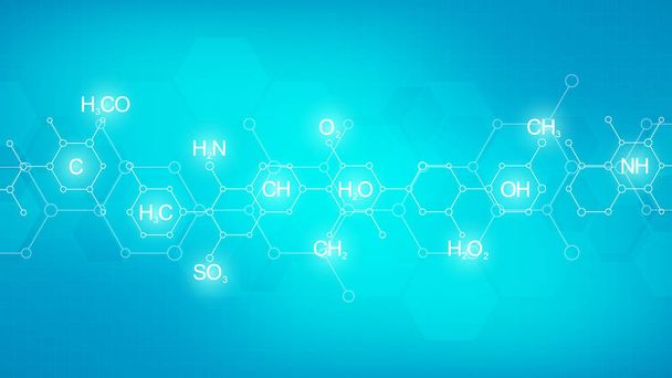 Abstract chemistry pattern on green background with chemical formulas and molecular structures. Template design with concept and idea for science and innovation technology. - Photo, Image