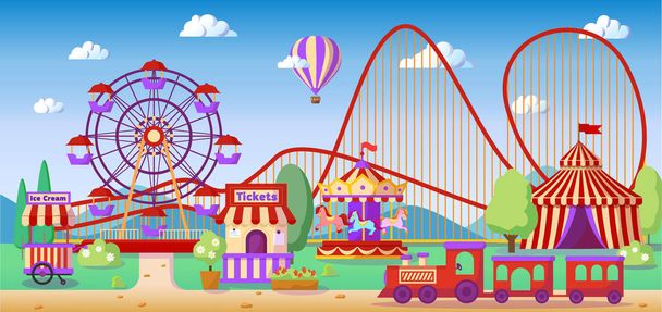 Amusement park panoramic lanscape, roller coaster, carousel, ferris wheel - Vector, Image