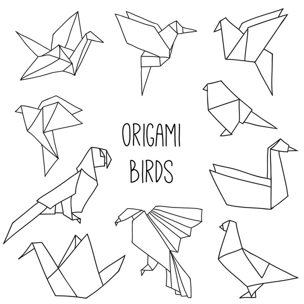 Cute collection with 10 origami birds in a outline - Вектор,изображение