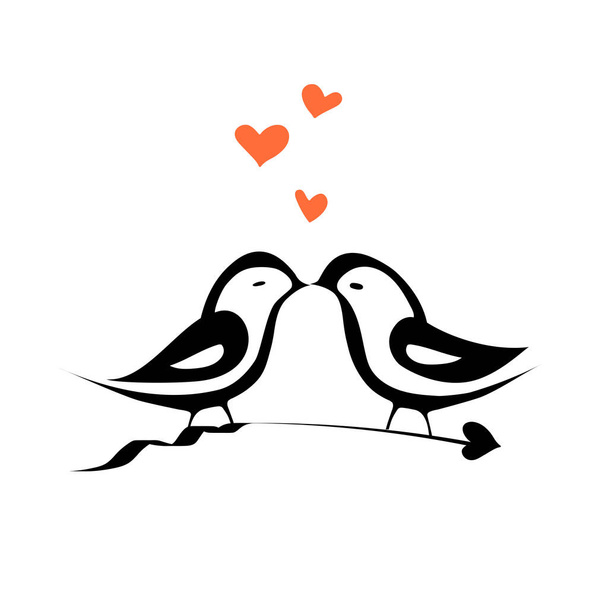 Πουλιά που φιλιούνται με καρδιές στο μαύρο βέλος. Στυλ μαύρου χρώματος. - Διάνυσμα, εικόνα