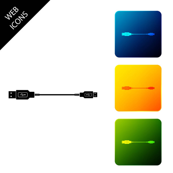 Піктограма USB Micro кабелів ізольовано. З'єднувачі та гнізда для ПК та мобільних пристроїв. Комп'ютерний периферійний роз'єм або пристрій для поповнення смартфона. Встановити кольорові квадратні кнопки піктограм. Векторна ілюстрація
 - Вектор, зображення