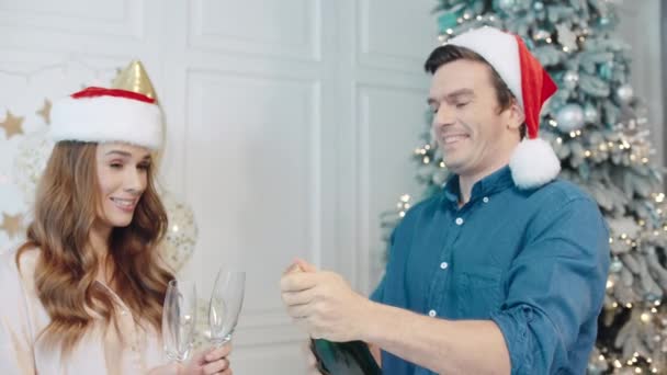 Γέλιο ζευγάρι γιορτάζει το νέο έτος με αφρώδη οίνο. - Πλάνα, βίντεο