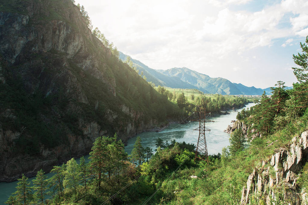 Power line in summer mountain - Zdjęcie, obraz