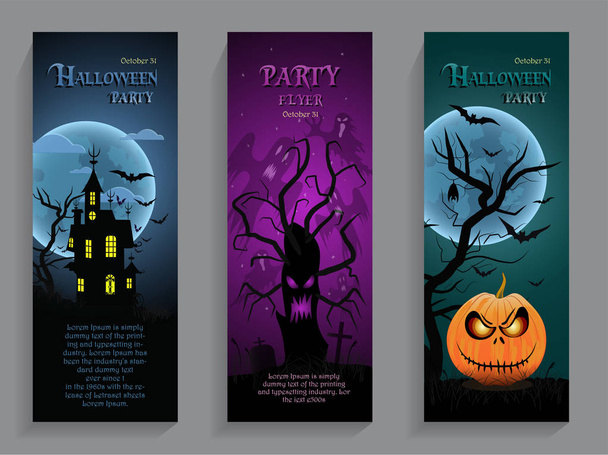 Fête d'Halloween, carte d'invitation verticale avec design lumineux, vieille maison, chauves-souris, arbre effrayant avec fantômes et une citrouille
. - Vecteur, image