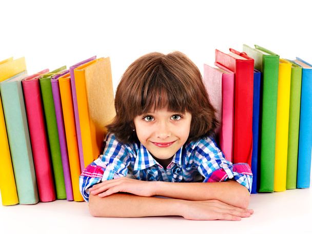 Child with stack of books. - Foto, Imagen