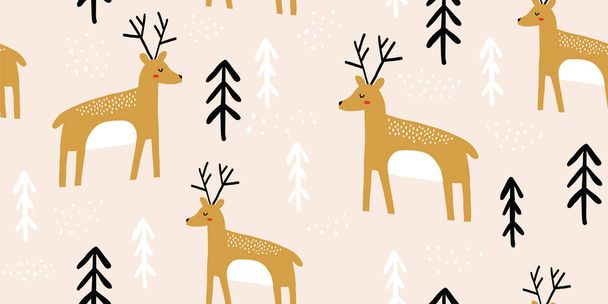 鹿や松と子供じみたシームレスなパターン - ベクター画像