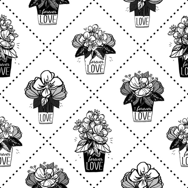 black and white flowers silhouette outline buds with leaves seamless pattern , repeatable vector texture tile square. scandinavian modern print  , polka dots background - Vector, Image
