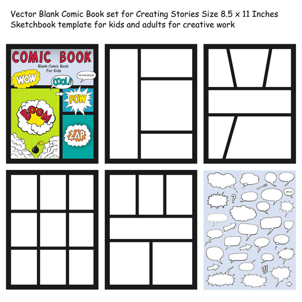 Comicbuch-Rohlinge Set, Text-Sprechblasen, Comiczeitschrift-Cover-Vorlage, Strip-Seite-Attrappe - Vektor, Bild