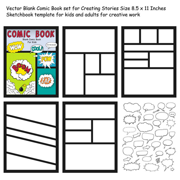 Comic Book blanks set tekst gesproken bubbels, Comic Magazine Cover sjabloon, strippagina mock up - Vector, afbeelding