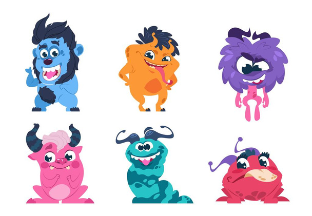 Cartoon monsters. Funny and scary trolls ghosts goblins and aliens with cute faces, cute isolated characters. Vector set - Vector, Image