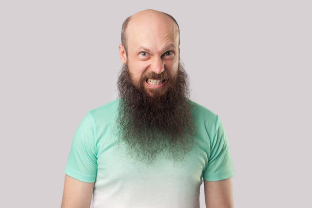 angry crazy middle aged bald man with long beard in light green t-shirt standing with mad face and clenching teeth while looking at camera on grey background. - Photo, Image