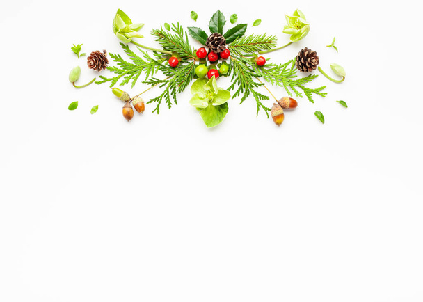 Composición navideña con ramas de abeto y acebo con re
 - Foto, Imagen